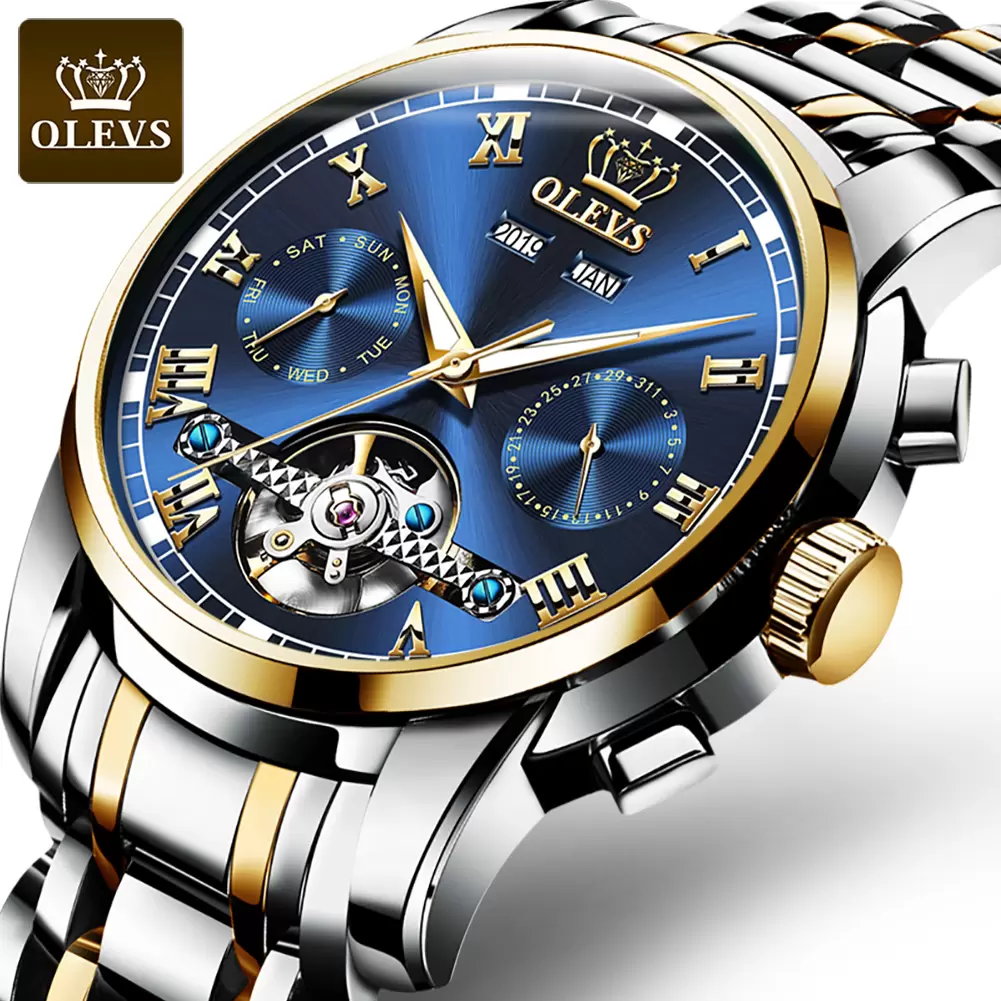 OLEVS montre mécanique automatique pour hommes, en acier inoxydable
