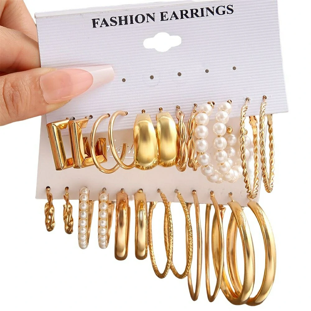 Ensemble de 6 boucles d'oreilles géométriques rétro - Style Hepburn pour un look occidental chic